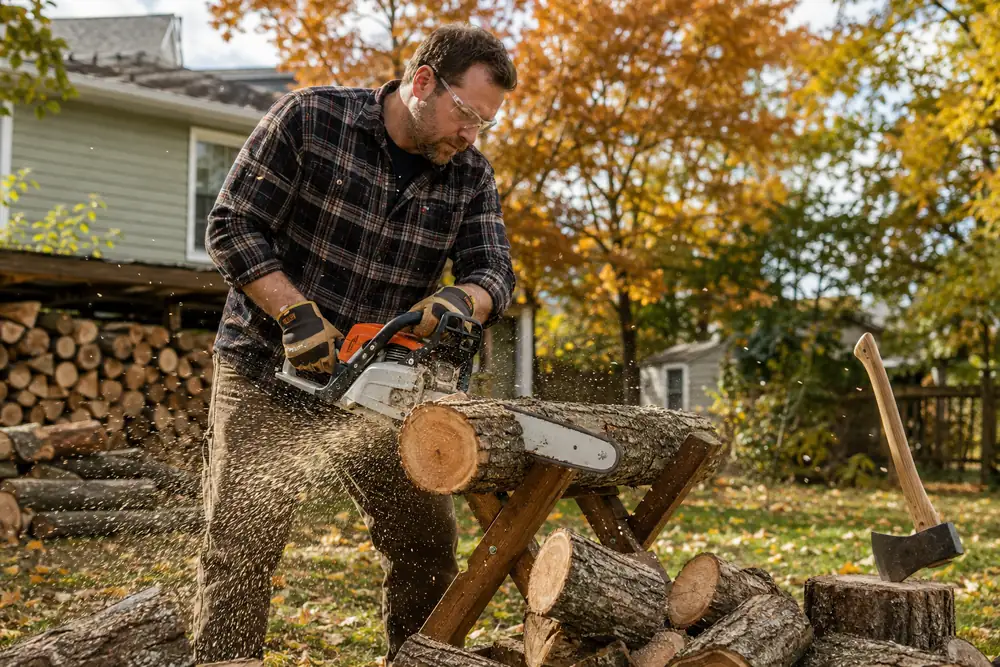 A homeowner in safety gear bucks a fallen log into rounds with a mid-size chainsaw