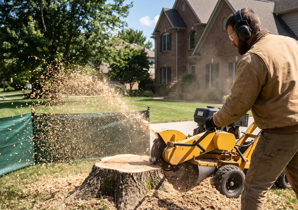 A stump grinder chews through a tree stump as the operator guides it from behind